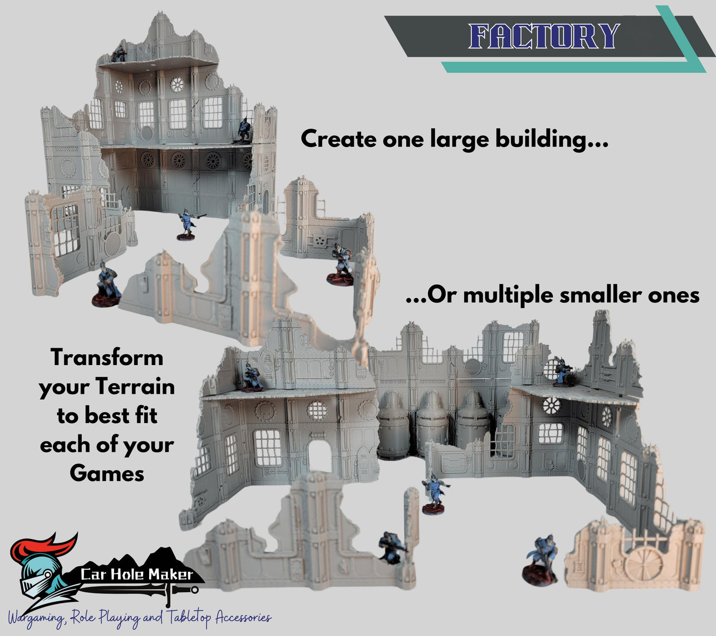 Modular Factory Ruin Terrain Set for 28mm–32mm Miniatures | Configurable Industrial Sci-Fi Building