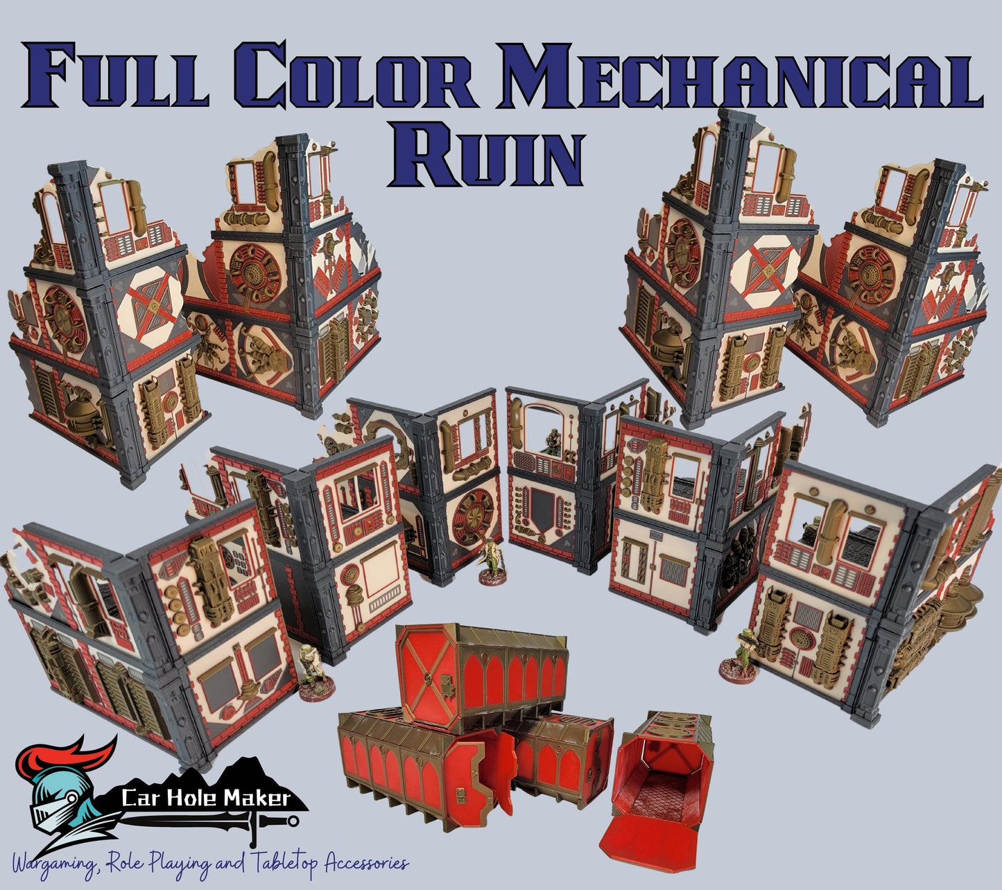 Full Color Mechanical Ruin Terrain Set – Multicolor 3D Printed Sci-Fi Walls & Crates for Kill Team, Necromunda, and 40K (28–32mm)