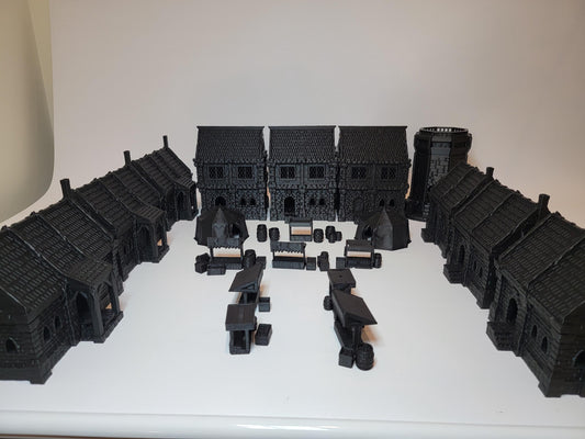 Tabletop Full Town RPG Terrain Set: 10 Buildings and Market Set for Dungeons and Dragons and 28mm Wargames