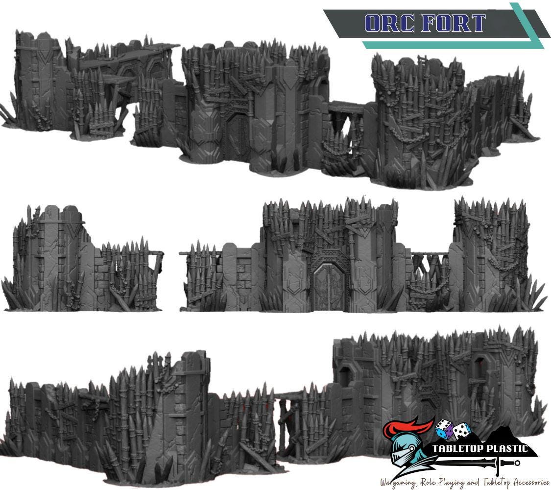 Orc Fort Terrain Bundle: Modular Walls, Towers, Camp - 28-32mm Wargaming