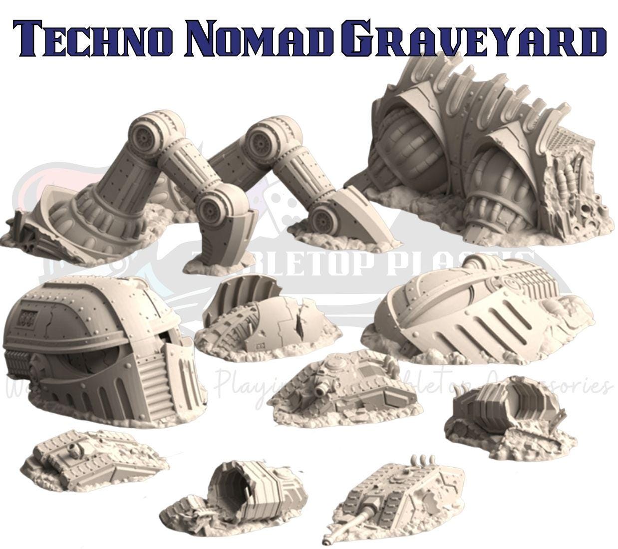 Techno‑nomad graveyard mega‑set — colossal walker ruins with helm shell, legs, hip segment, armor wrecks and transports (28–32mm)
