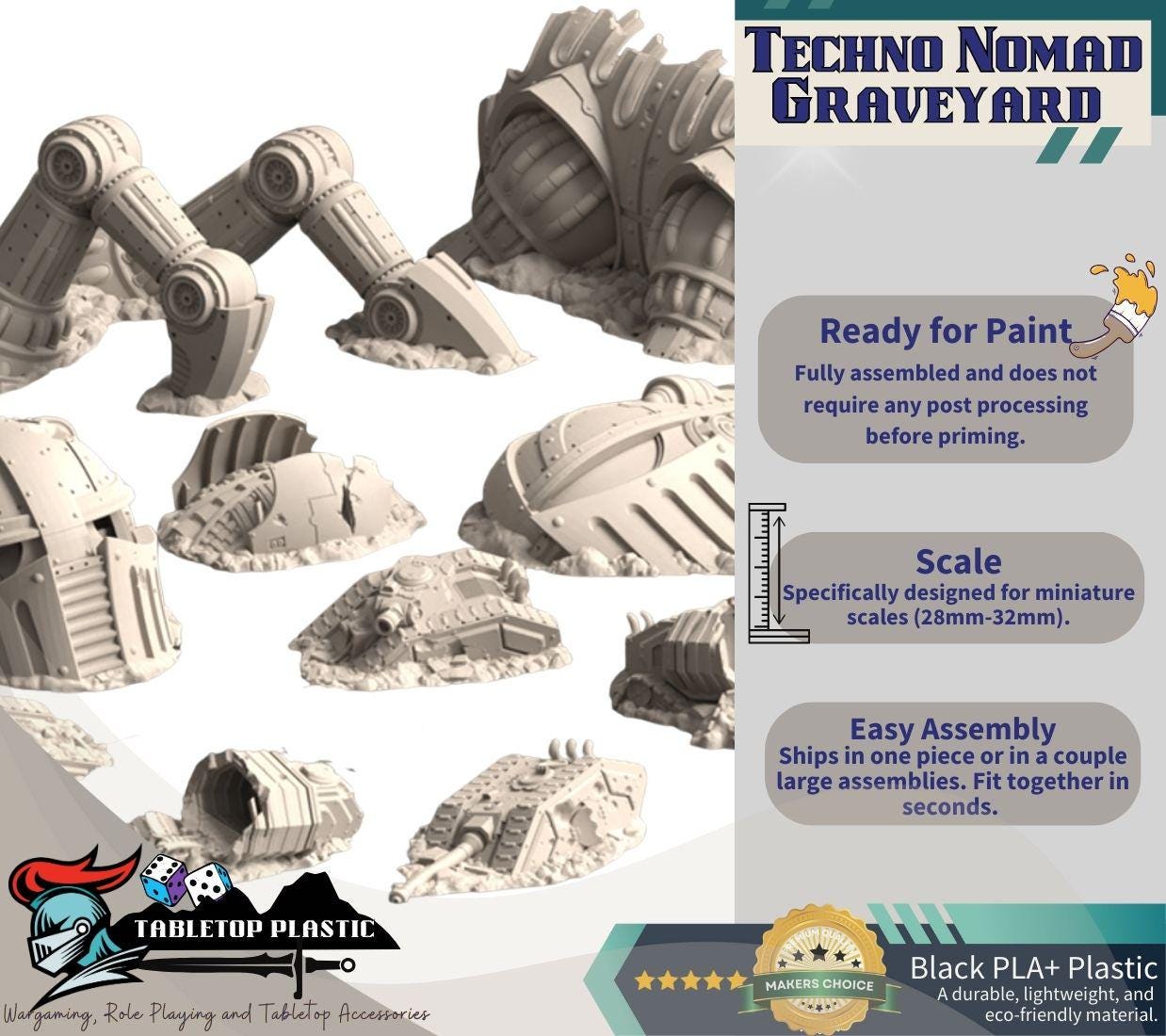 Techno‑nomad graveyard mega‑set — colossal walker ruins with helm shell, legs, hip segment, armor wrecks and transports (28–32mm)