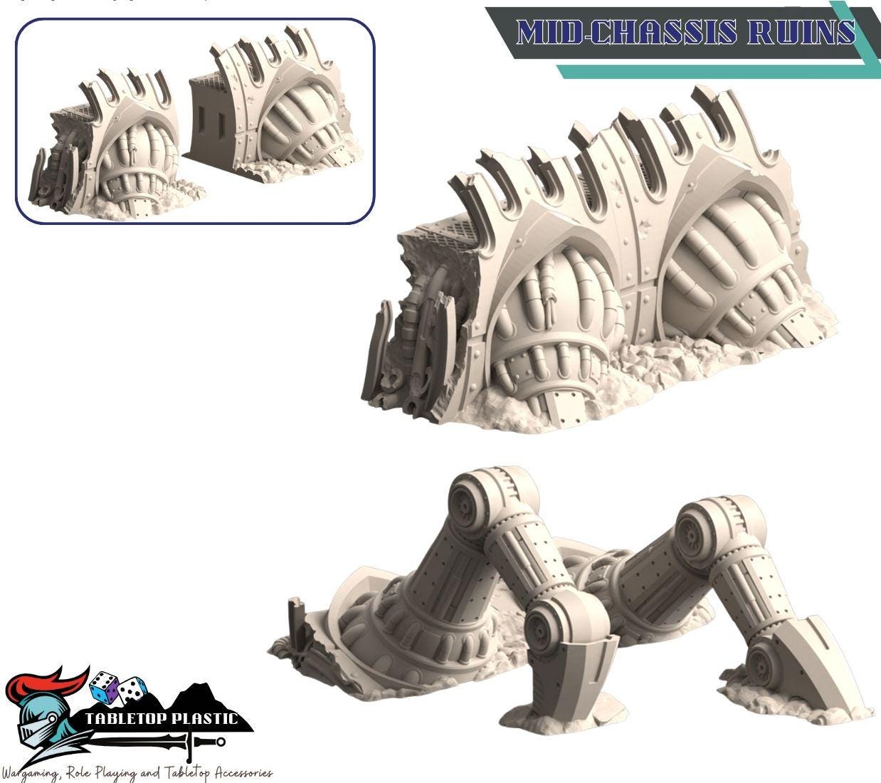 Techno‑nomad graveyard mega‑set — colossal walker ruins with helm shell, legs, hip segment, armor wrecks and transports (28–32mm)