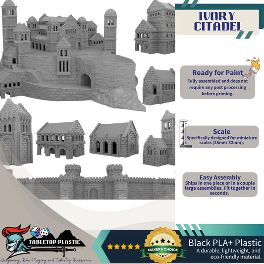 White City Fortress Terrain, Ivory Citadel & Outer Walls, Modular Towers/Gate, 28–32mm Siege Scenery (Intact Set)