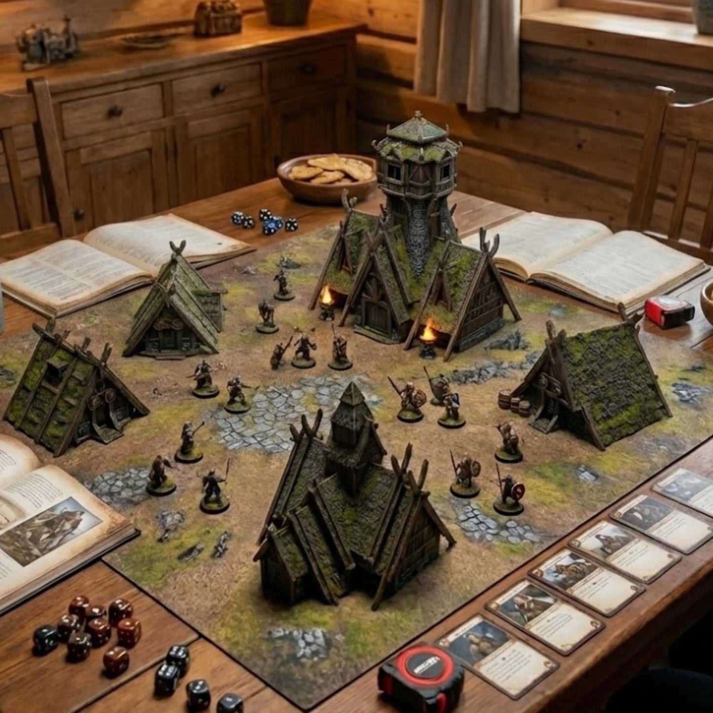 Norse Viking Village Terrain, Stave Church + Mead Hall + 5 Houses, 28–32mm Fantasy Settlement Scenery (Odingard)