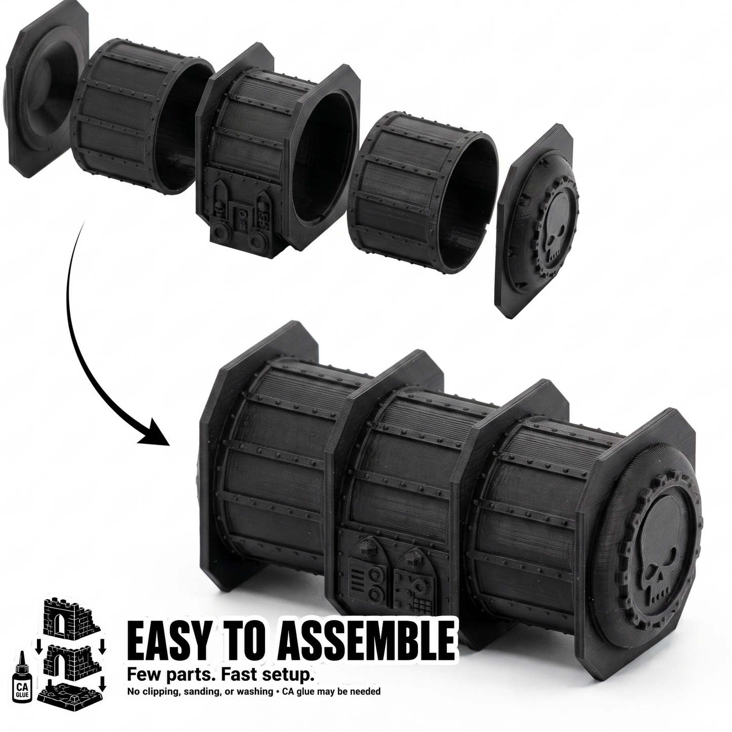 Assembly diagram showing the exploded cargo container parts and the assembled container