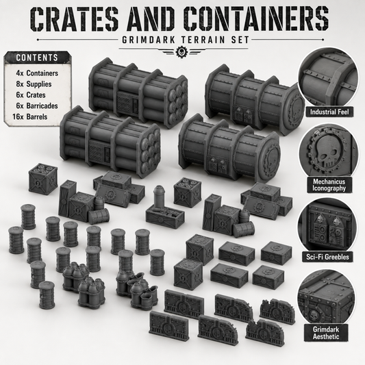 Contents breakdown: 4 containers, 8 supplies, 6 crates, 6 barricades, 16 barrels