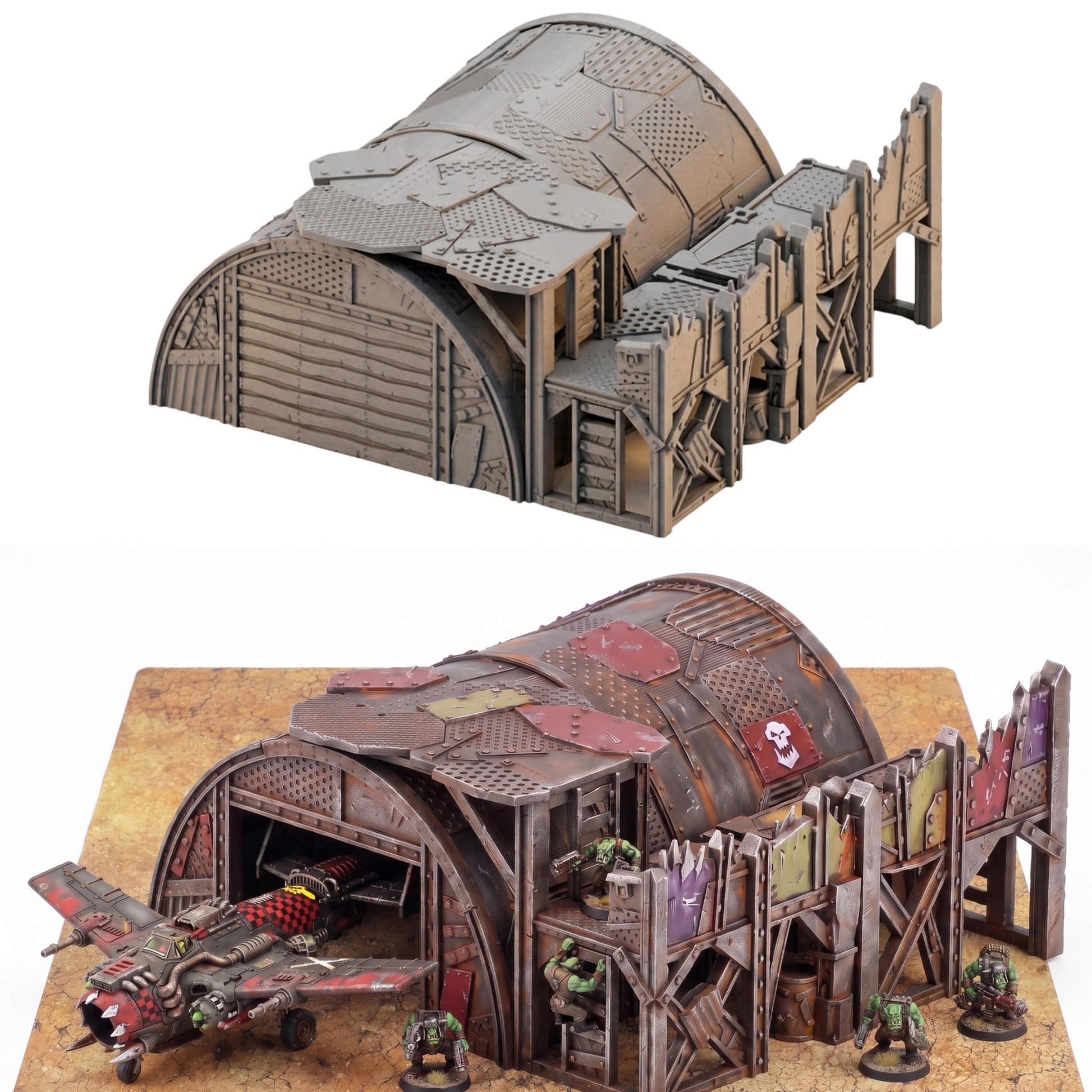 Flya Shed catalog stack — grey PLA strip above, painted strip below