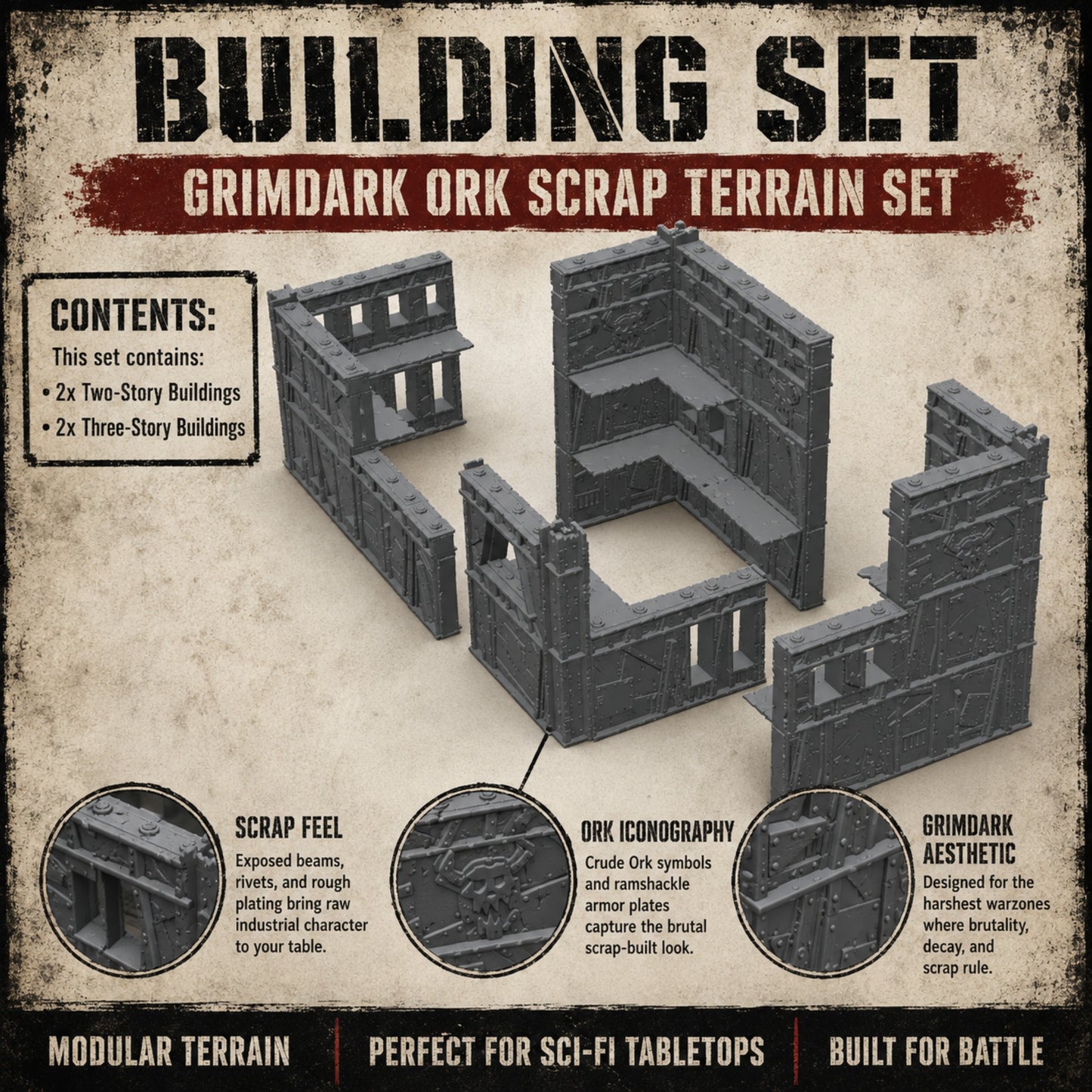 Contents and customization: two two-storey and two three-storey scrap corner ruins