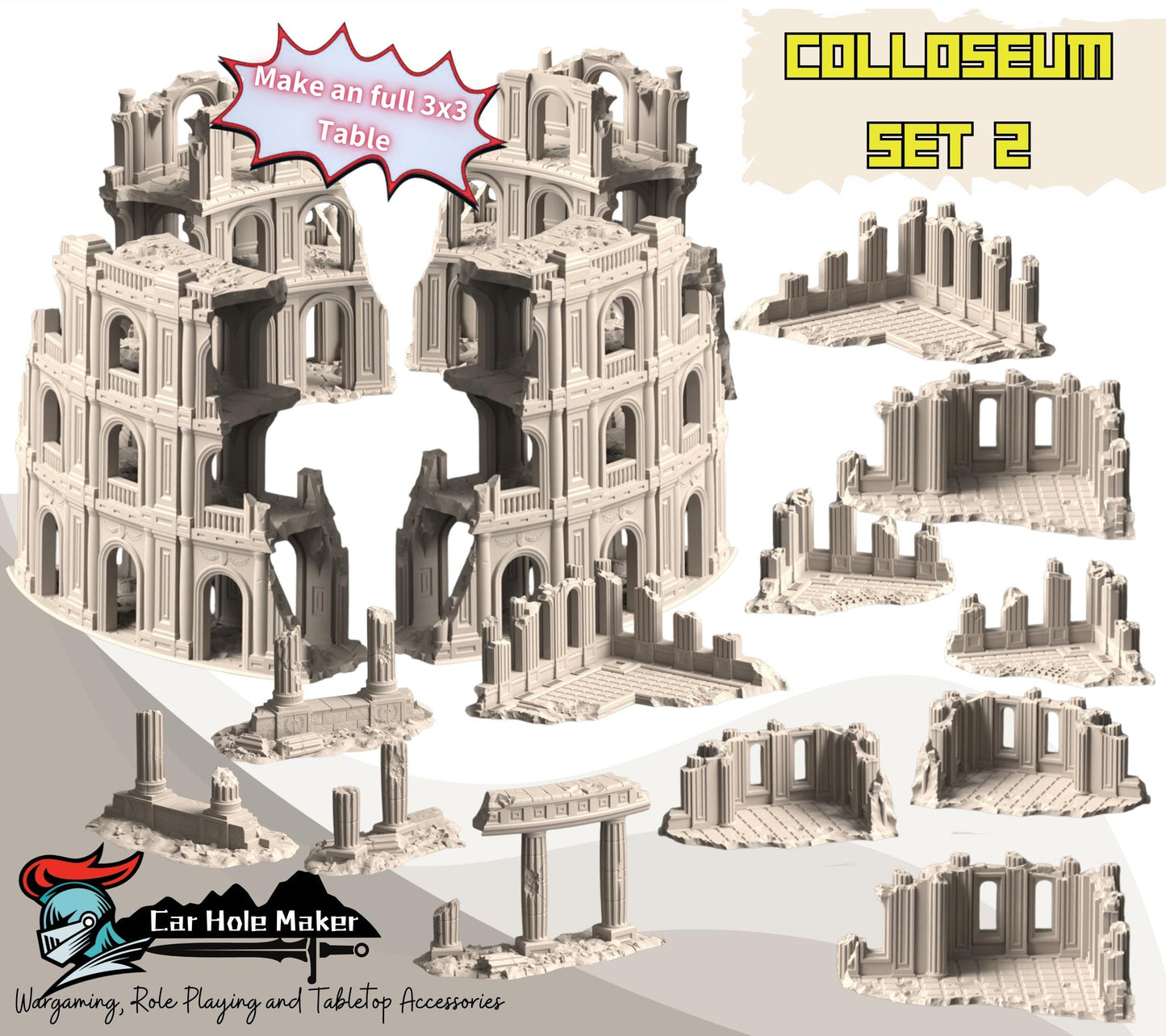 Colosseum Ruins Terrain – Full 3x3 Set of 16 Ancient Arena Pieces (28mm Scale)