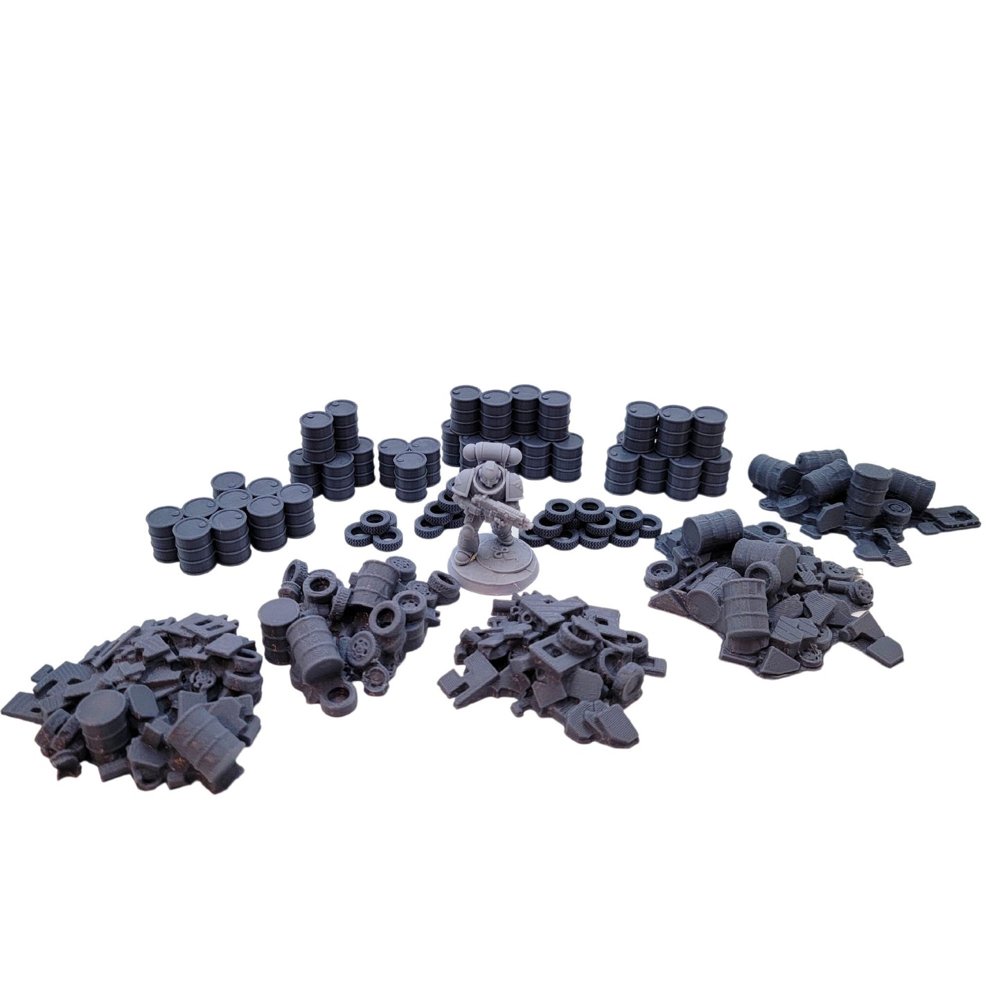 Unleash the Power of Ruins: Scatter Terrain Set of Barrels and Tires for Epic RPG & War Game Battles!