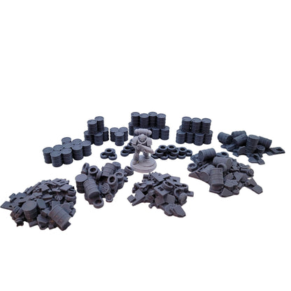 Unleash the Power of Ruins: Scatter Terrain Set of Barrels and Tires for Epic RPG & War Game Battles!