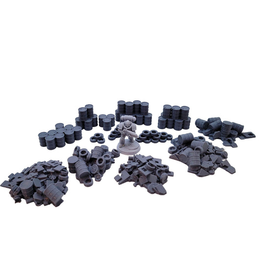 Unleash the Power of Ruins: Scatter Terrain Set of Barrels and Tires for Epic RPG & War Game Battles!