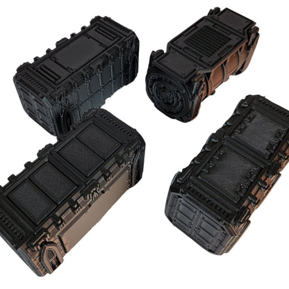 Containers 4 Piece Set, Tabletop Terrain Gothic Sci-Fi Scatter Smoke and Steel Series, 28mm Scale Rpg & Wargame Scenery, WTC dimensions