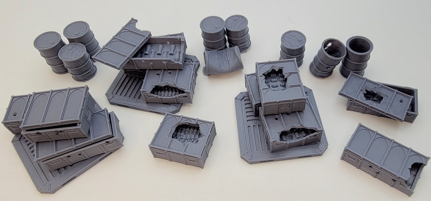 AMMO CRATES and BARRELS, Tabletop Terrain Gothic Sci-Fi Scatter Imperial Sector, Rpg & Wargame Scenery