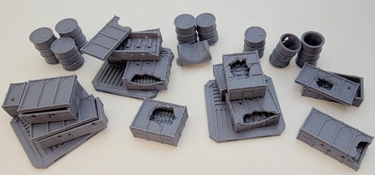 AMMO CRATES and BARRELS, Tabletop Terrain Gothic Sci-Fi Scatter Imperial Sector, Rpg & Wargame Scenery