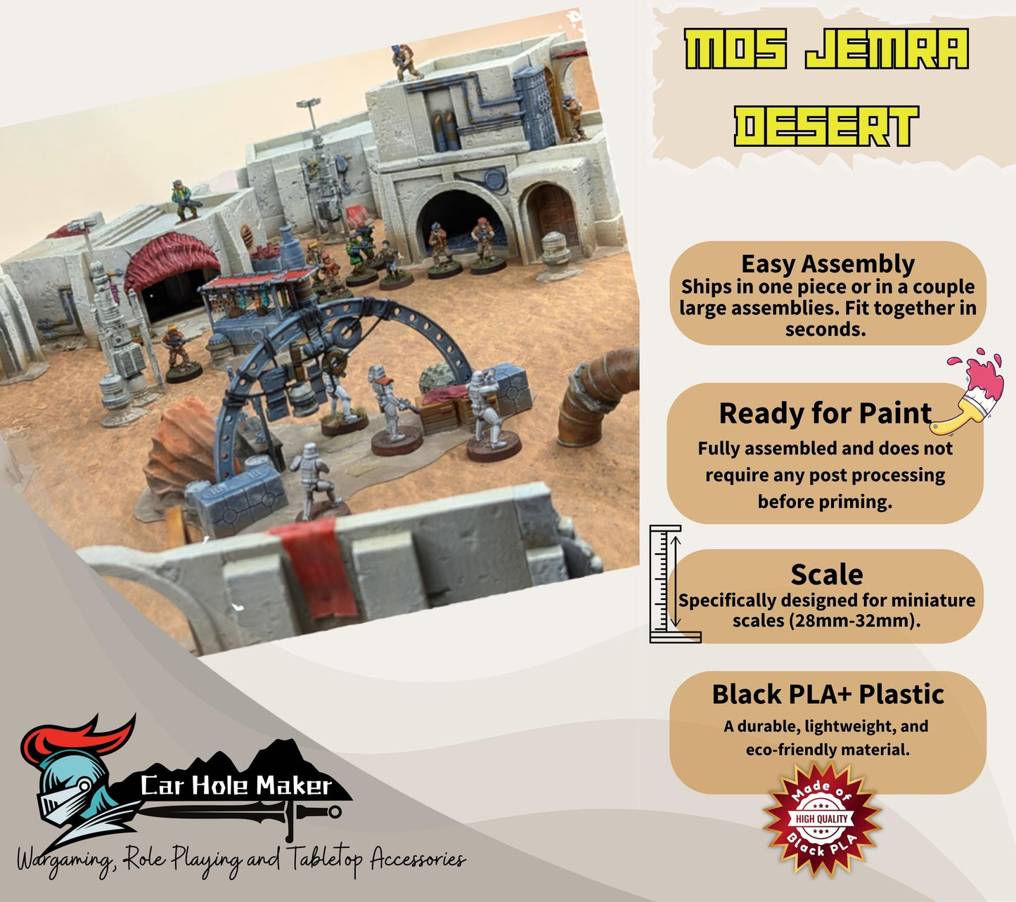 Mos Jemra Desert Spaceport Terrain Set: Adobe-Style Buildings, Market Stalls, and Props for 28–32mm Sci-Fi Wargames and RPGs