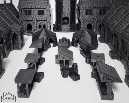 Tabletop Full Town RPG Terrain Set: 10 Buildings and Market Set for Dungeons and Dragons and 28mm Wargames