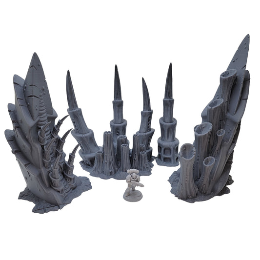 Alien Flora Terrain Set for 28mm–32mm Sci-Fi Wargames | 4 Organic Spires for Hive Worlds and Invasion Zones