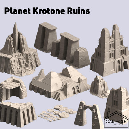 EPIC Wargame Terrain: Planet Krotone Ruins. Scenery at a 6mm to 8mm scale. Sorcerous Planet Claimed by Ruinous Powers Ravaged by War Terrain