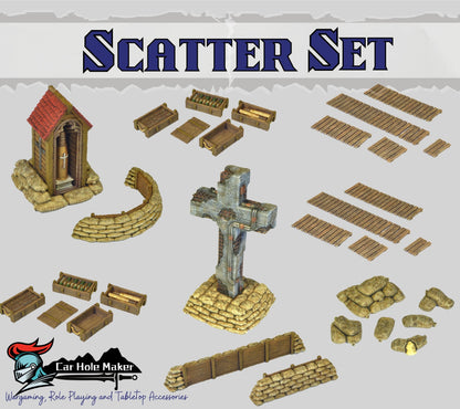 Realistic Trench Warfare Scatter Terrain – Cross, Sandbags, Crates, Field Gun & Shrine for WWI Wargames & Dioramas | 28mm Scale