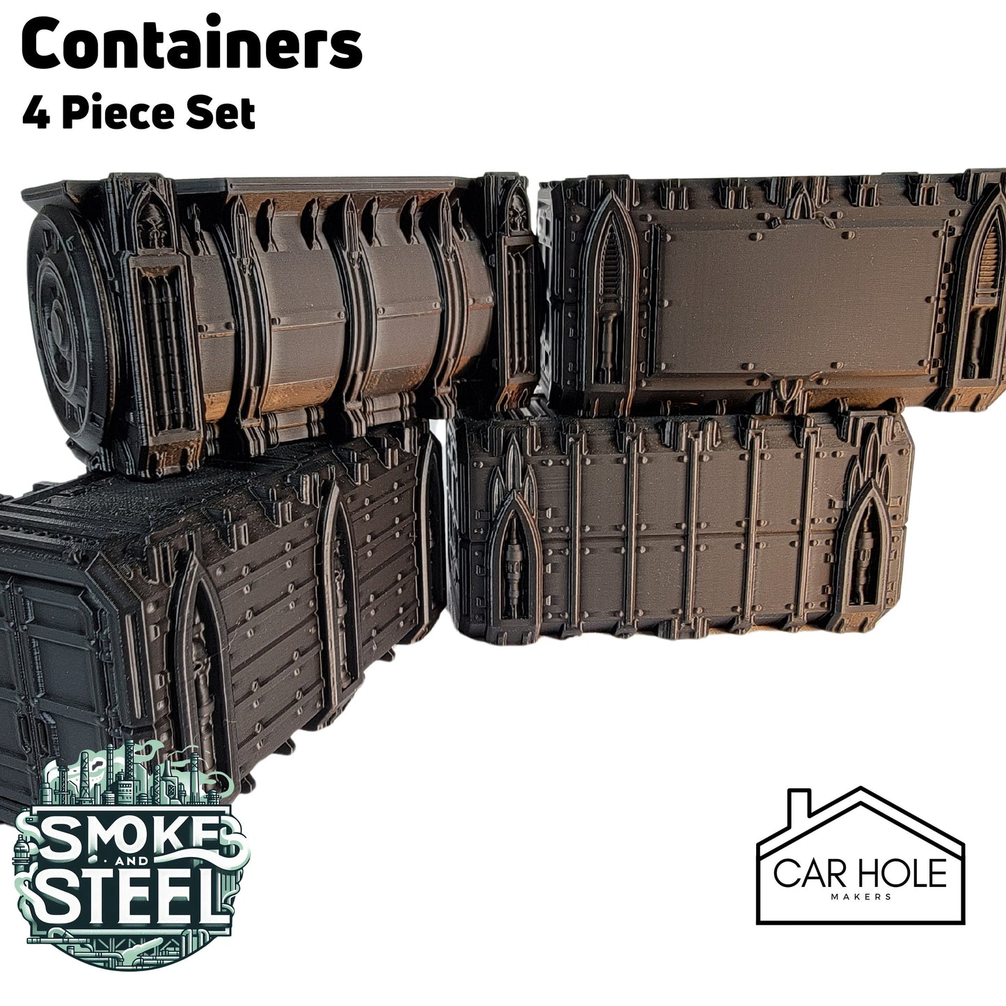 Containers 4 Piece Set, Tabletop Terrain Gothic Sci-Fi Scatter Smoke and Steel Series, 28mm Scale Rpg & Wargame Scenery, WTC dimensions