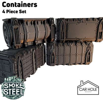 Containers 4 Piece Set, Tabletop Terrain Gothic Sci-Fi Scatter Smoke and Steel Series, 28mm Scale Rpg & Wargame Scenery, WTC dimensions