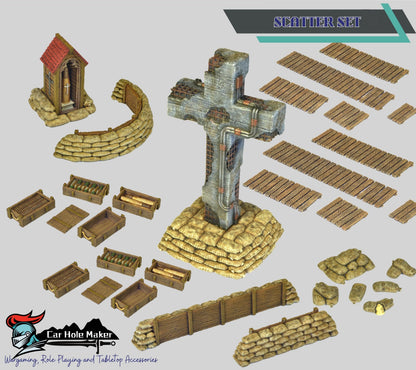Realistic Trench Warfare Scatter Terrain – Cross, Sandbags, Crates, Field Gun & Shrine for WWI Wargames & Dioramas | 28mm Scale
