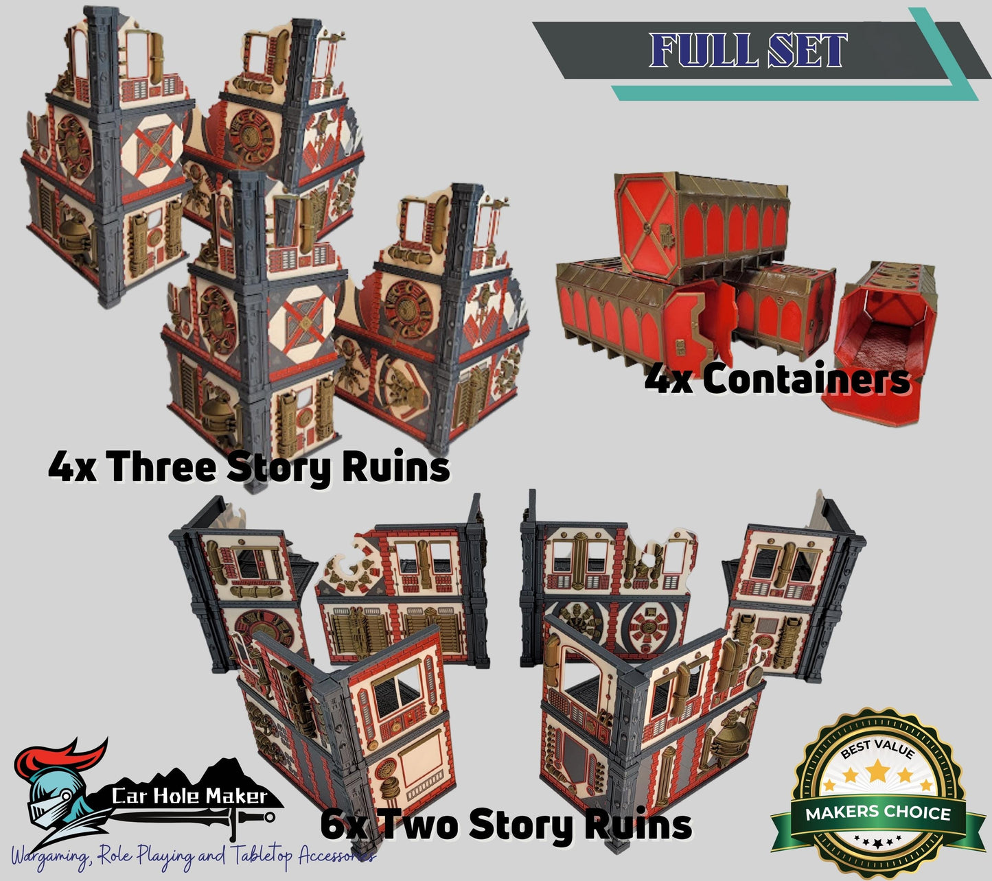 Full Color Mechanical Ruin Terrain Set – Multicolor 3D Printed Sci-Fi Walls & Crates for Kill Team, Necromunda, and 40K (28–32mm)