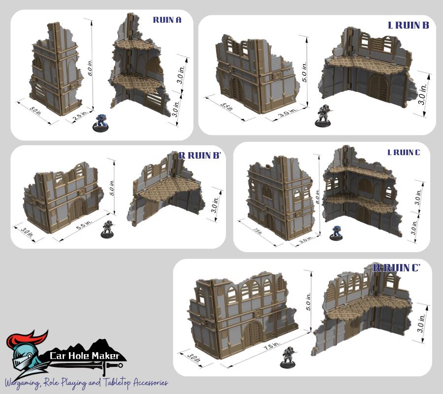 Foldable Wargaming Terrain Set - 3D Printed Modular Ruins for 28mm Tabletop, GW Terrain for Matched Play Preassembled Kit