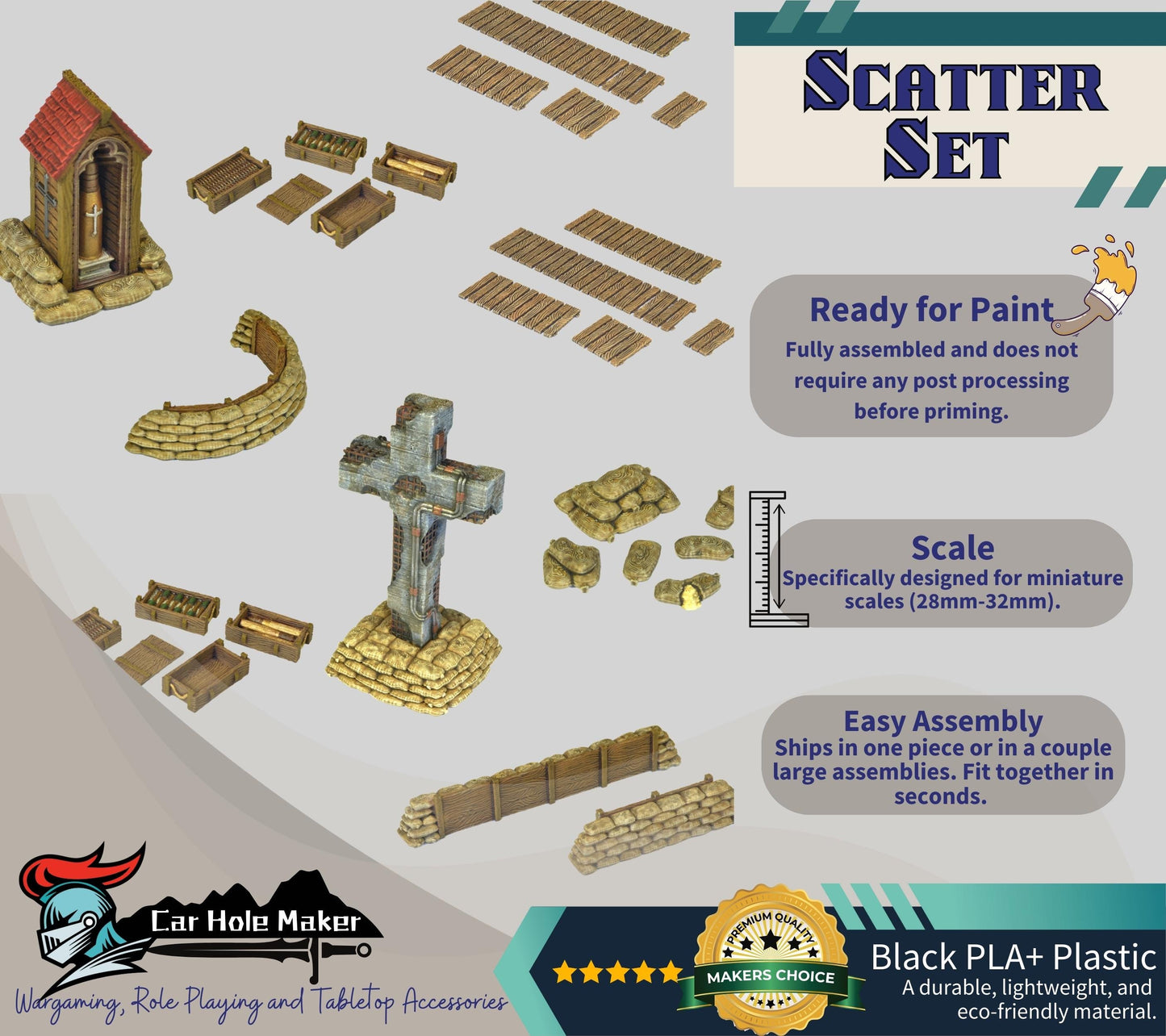 Realistic Trench Warfare Scatter Terrain – Cross, Sandbags, Crates, Field Gun & Shrine for WWI Wargames & Dioramas | 28mm Scale