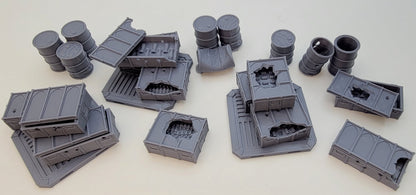 AMMO CRATES and BARRELS, Tabletop Terrain Gothic Sci-Fi Scatter Imperial Sector, Rpg & Wargame Scenery