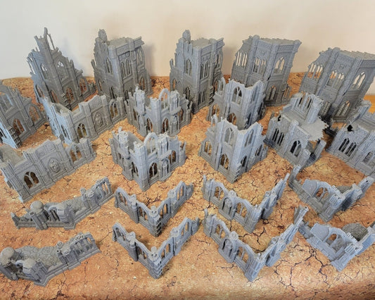 An extensive set of intricately 3D-printed, gothic-style ruins with detailed arches and columns, designed for 28–32mm tabletop miniatures and perfect for creating immersive Warhammer 40k battlefields or similar fantasy and sci-fi skirmish games.