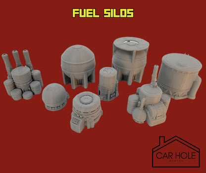 EPIC Wargame Terrain: Industrial Zone Biome. Scenery at a 6mm to 8mm scale. Fuel Silos Turbines Generators Power Plant Relay Stations