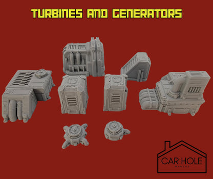 EPIC Wargame Terrain: Industrial Zone Biome. Scenery at a 6mm to 8mm scale. Fuel Silos Turbines Generators Power Plant Relay Stations