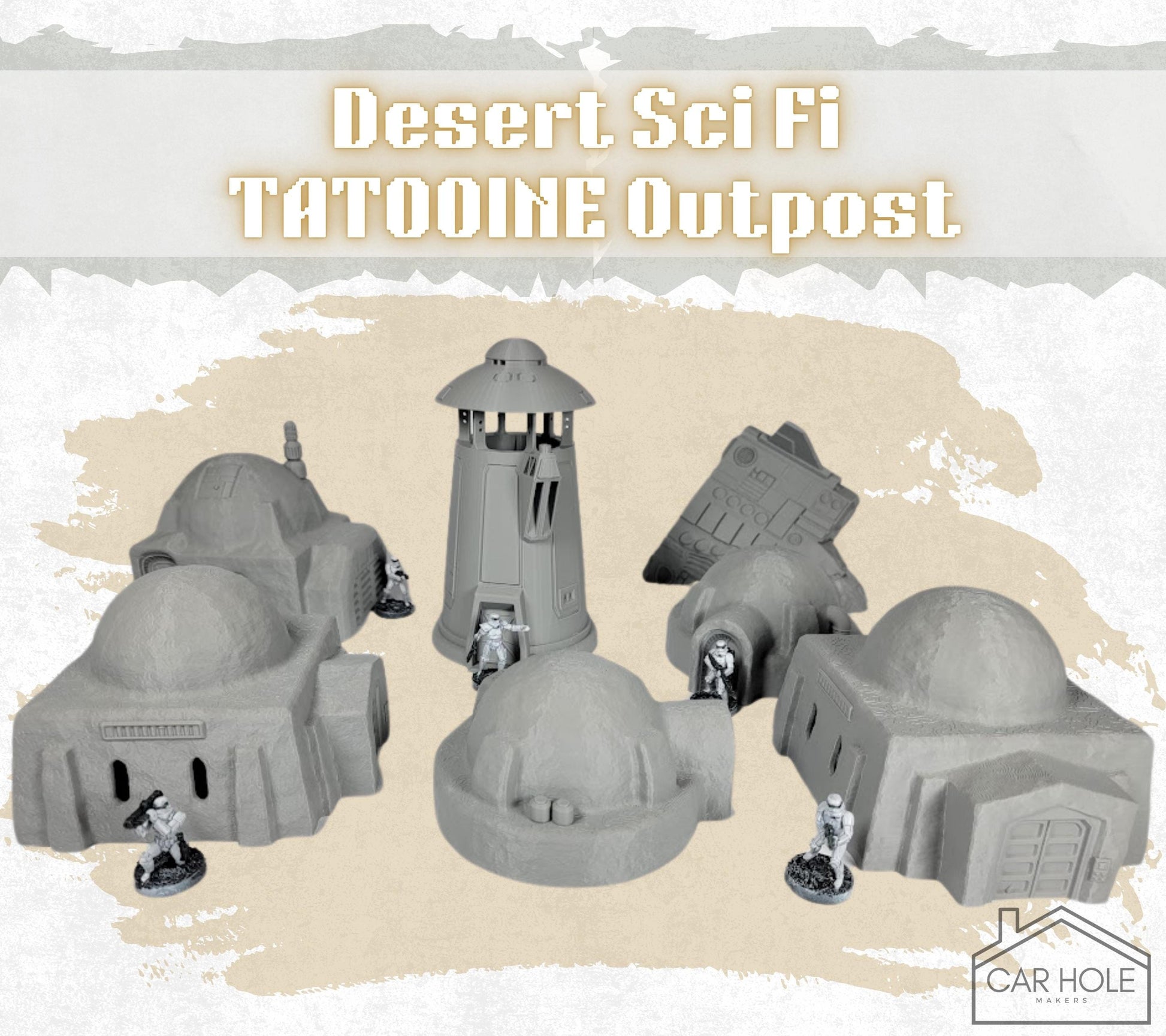 Desert Sci-Fi Outpost Terrain, Tatooine-Inspired 28mm Tabletop Scenery for RPG & Wargames