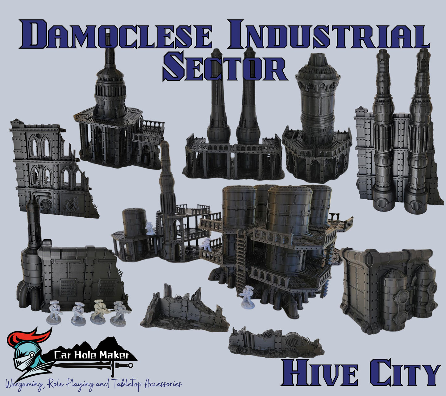 Damochles Industrial Tabletop Terrain – 3D Printed Mechanicus Platforms, Smokestacks, Storage Silos, Steel Walkways & Scaffolding