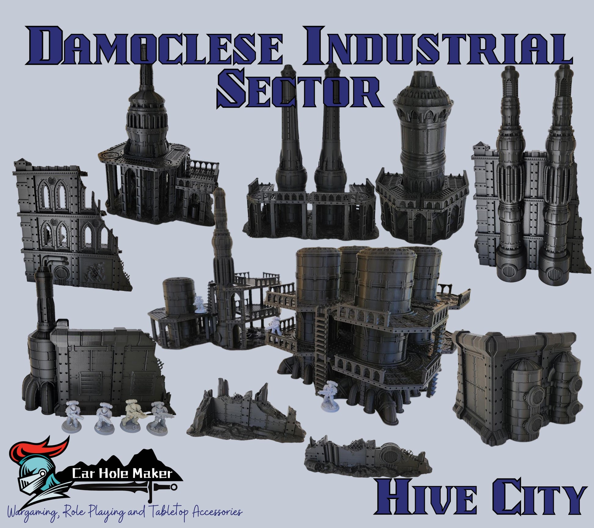 Damochles Industrial Tabletop Terrain – 3D Printed Mechanicus Platforms, Smokestacks, Storage Silos, Steel Walkways & Scaffolding