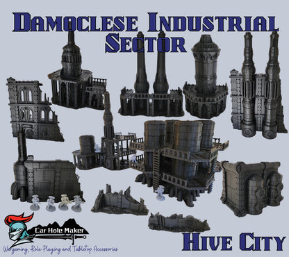 Damochles Industrial Tabletop Terrain – 3D Printed Mechanicus Platforms, Smokestacks, Storage Silos, Steel Walkways & Scaffolding