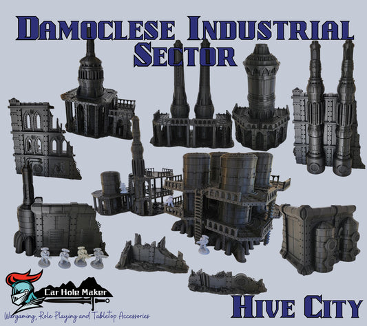 Damochles Industrial Tabletop Terrain – 3D Printed Mechanicus Platforms, Smokestacks, Storage Silos, Steel Walkways & Scaffolding