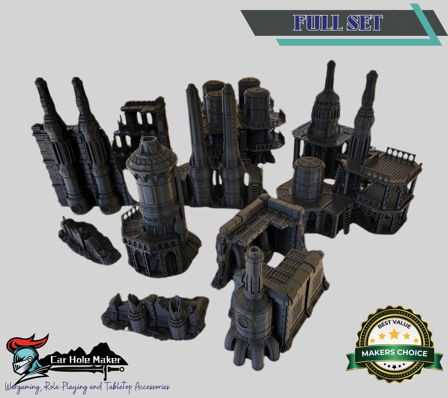Damochles Industrial Tabletop Terrain – 3D Printed Mechanicus Platforms, Smokestacks, Storage Silos, Steel Walkways & Scaffolding