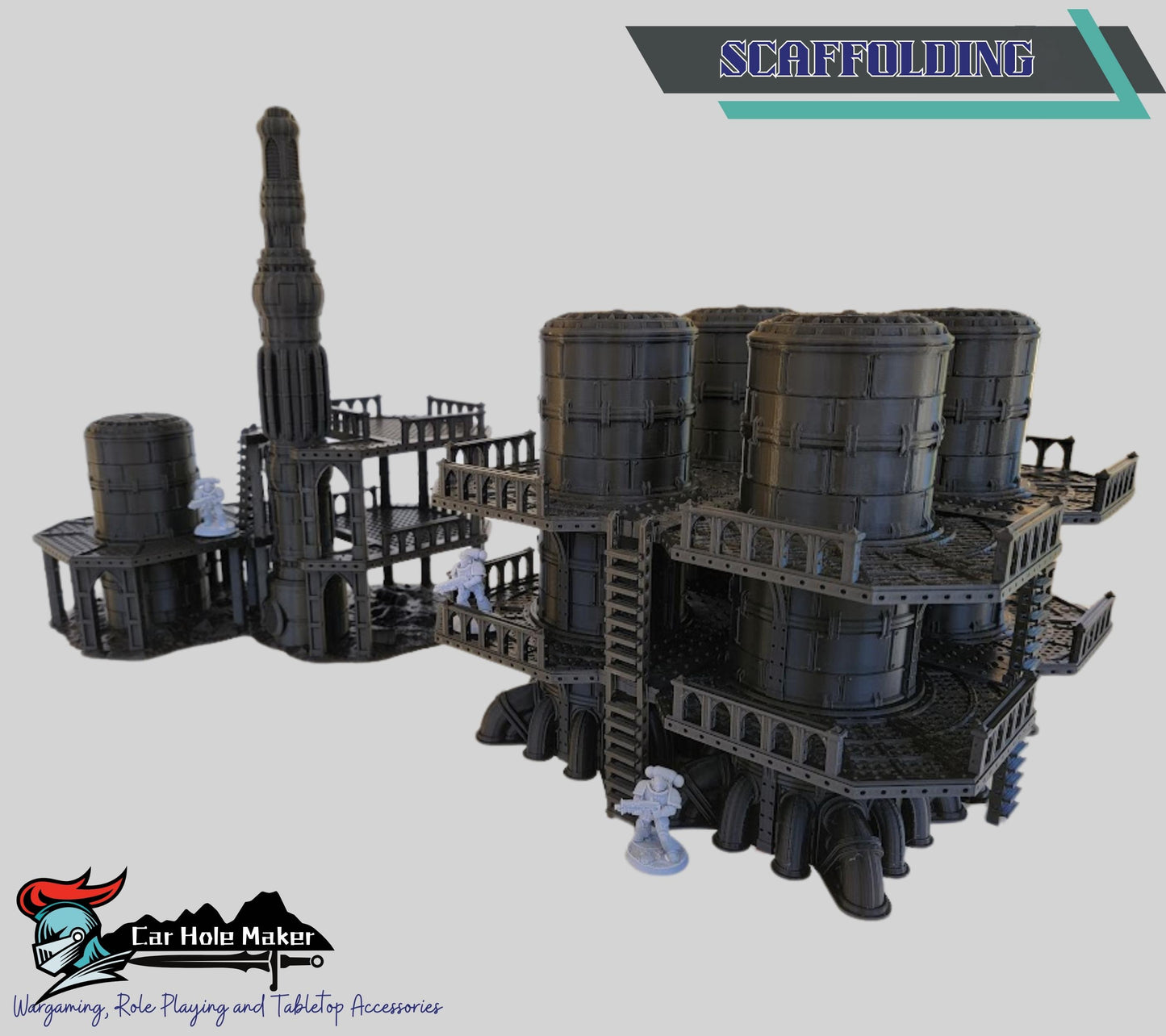Damochles Industrial Tabletop Terrain – 3D Printed Mechanicus Platforms, Smokestacks, Storage Silos, Steel Walkways & Scaffolding