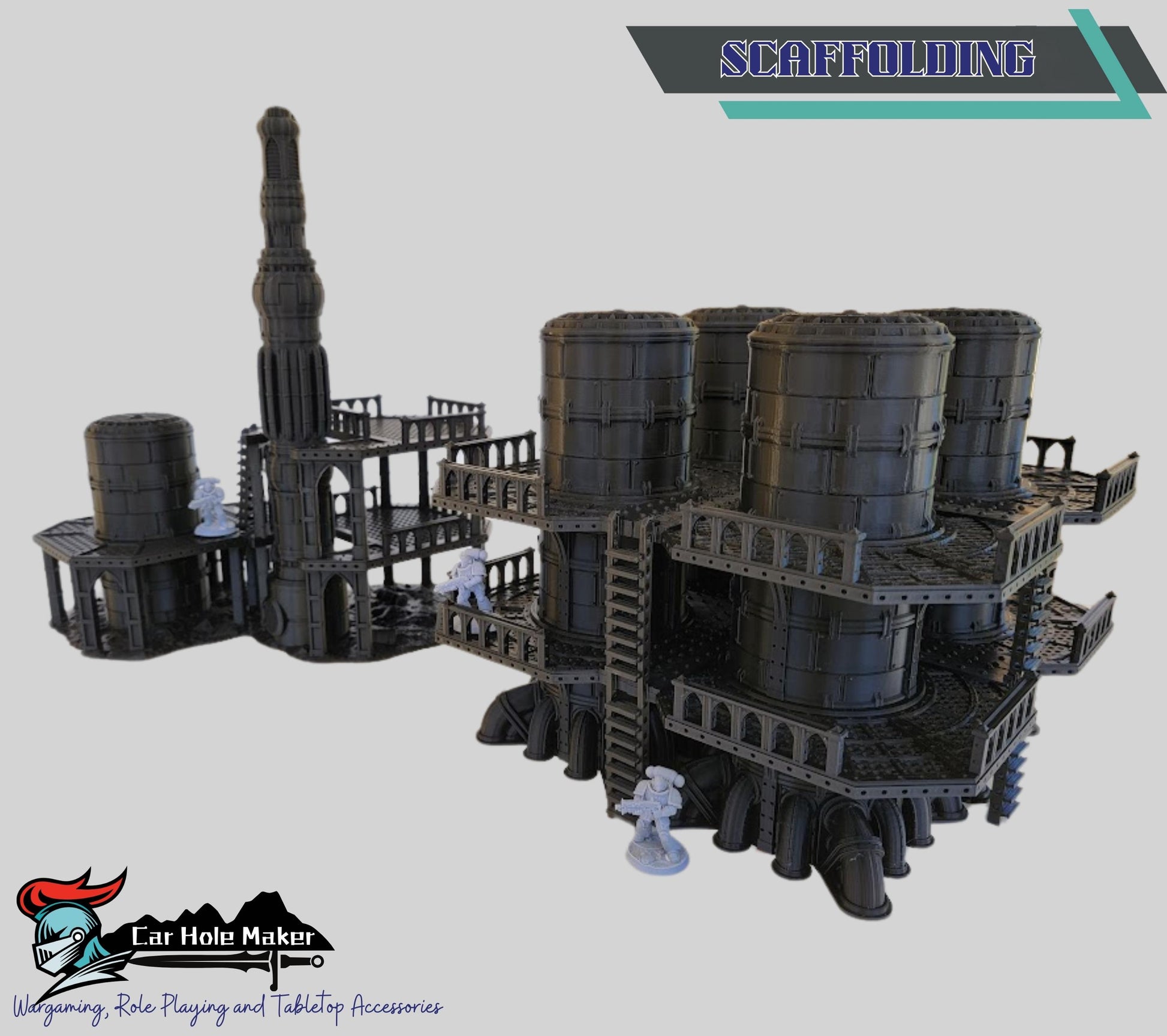 Damochles Industrial Tabletop Terrain – 3D Printed Mechanicus Platforms, Smokestacks, Storage Silos, Steel Walkways & Scaffolding