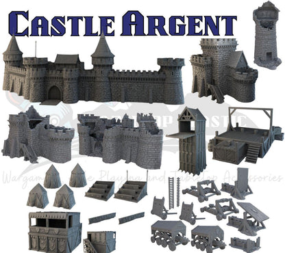 Castle Argent - Medieval fortress terrain bundle, modular walls, ramparts & keep, siege gear (28–32mm)