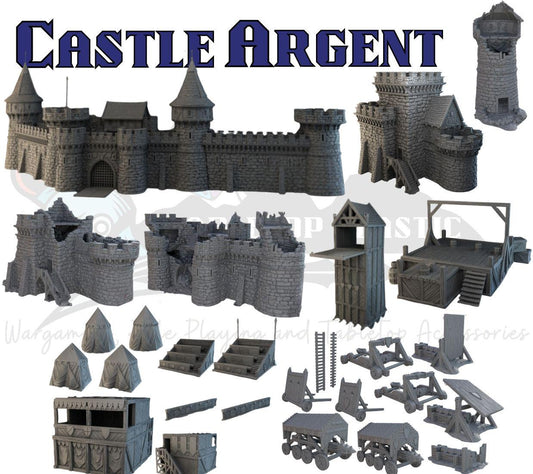 Castle Argent - Medieval fortress terrain bundle, modular walls, ramparts & keep, siege gear (28–32mm)