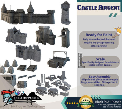 Castle Argent - Medieval fortress terrain bundle, modular walls, ramparts & keep, siege gear (28–32mm)