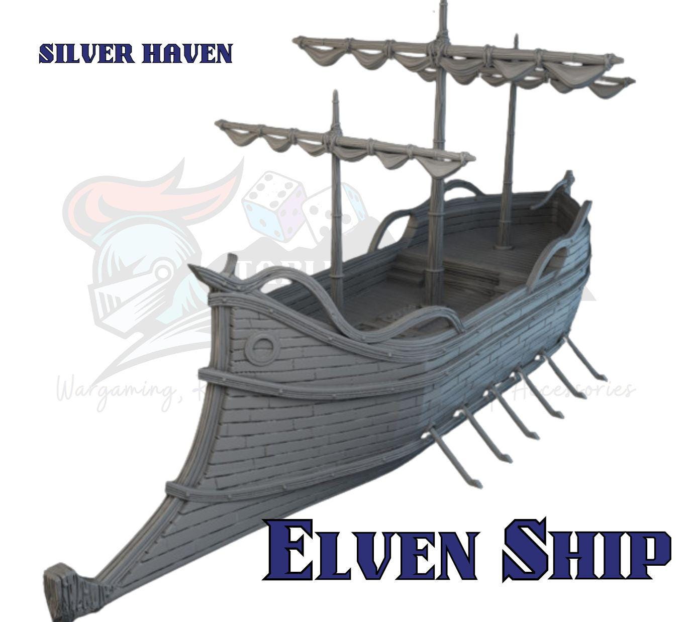 Elven Ship Terrain: Fantasy Port Centerpiece for Tabletop Games