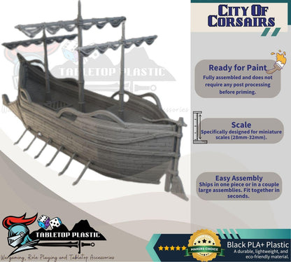 Elven Ship Terrain: Fantasy Port Centerpiece for Tabletop Games