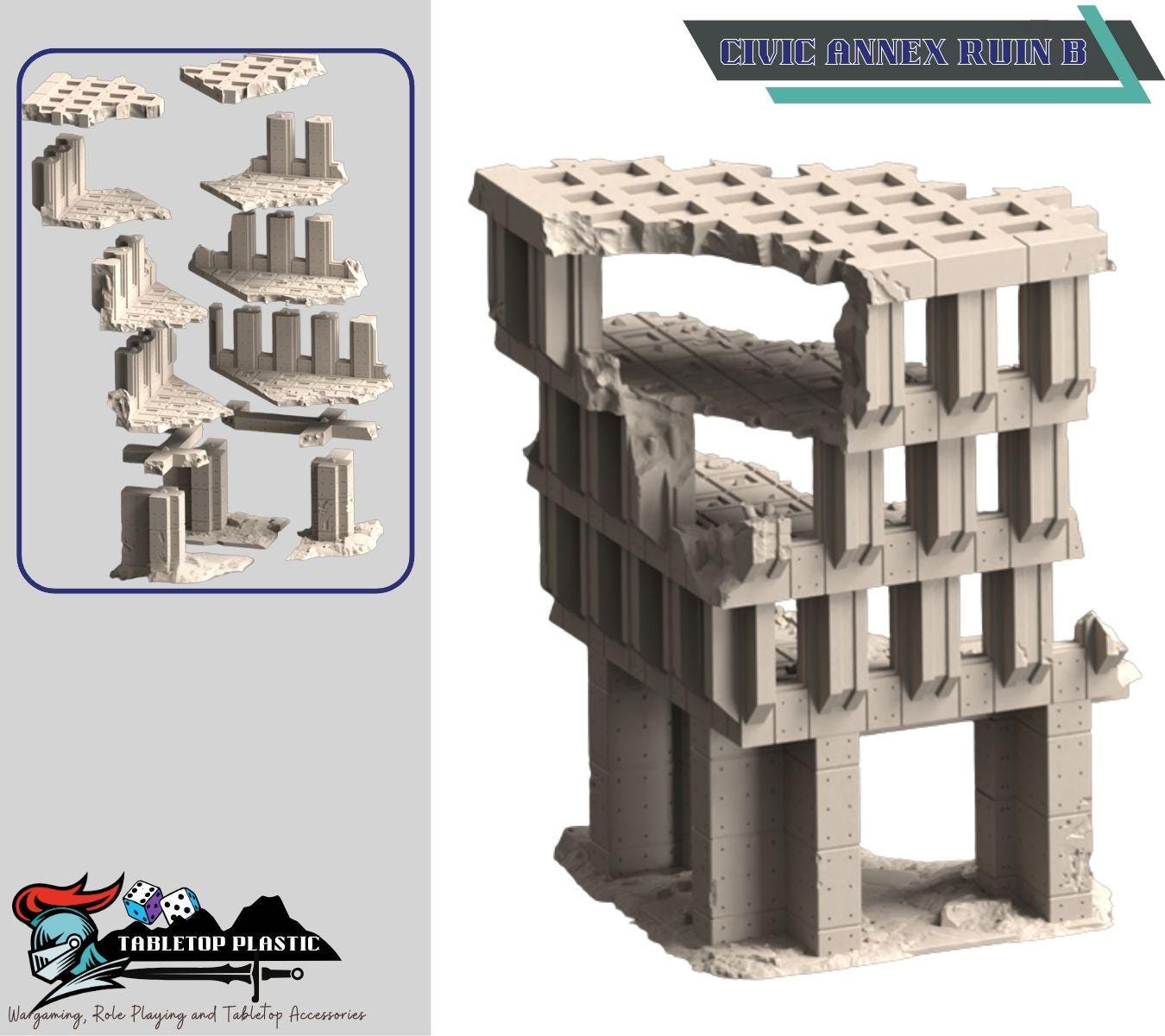 Concrete Citadel — Urban/Sci-Fi Reinforced-Concrete Ruins (6 Buildings + Bleachers & Scatter, 28–32 mm)