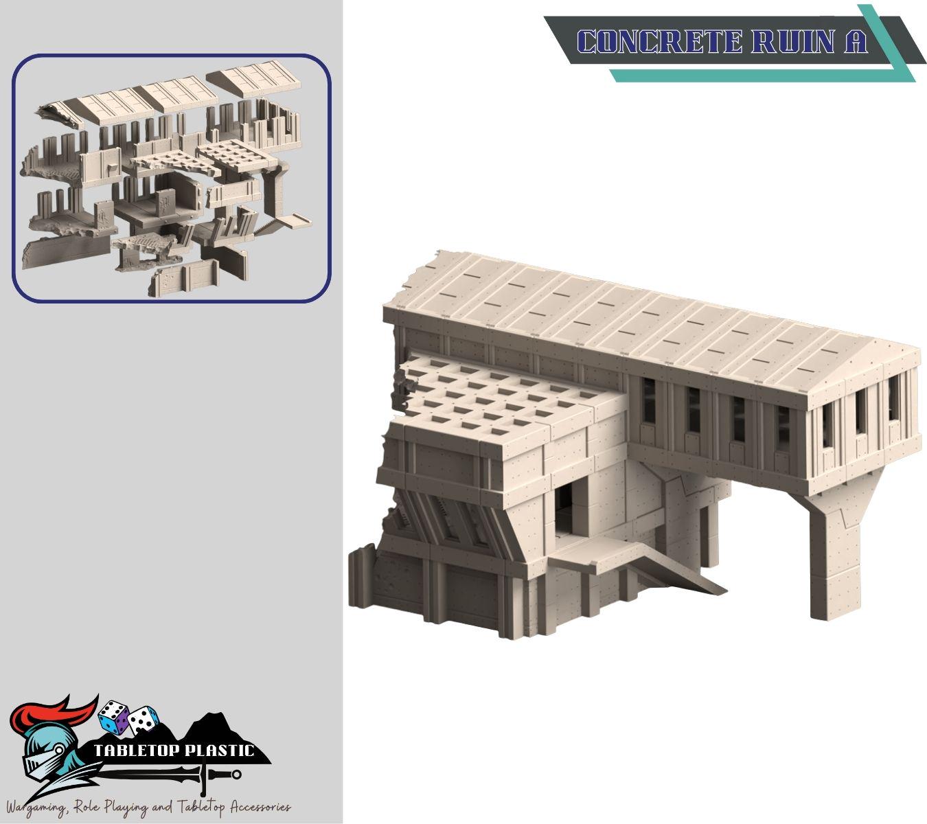 Concrete Citadel — Urban/Sci-Fi Reinforced-Concrete Ruins (6 Buildings + Bleachers & Scatter, 28–32 mm)